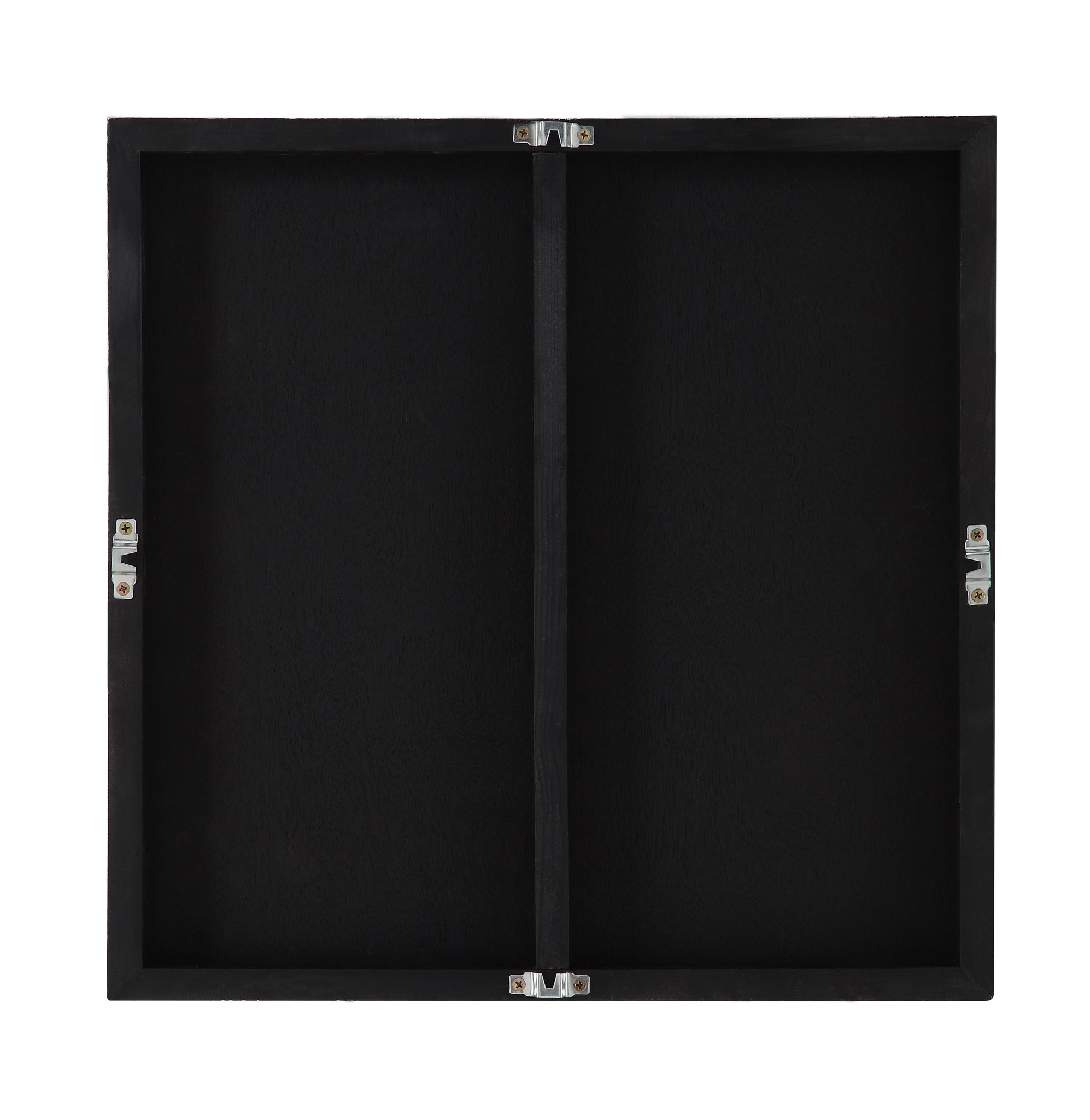 Back view of Cellier artwork showing a black frame with hinges.