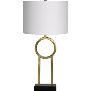 Alloro Table Lamp featuring a white shade and a brass circle design on a black base