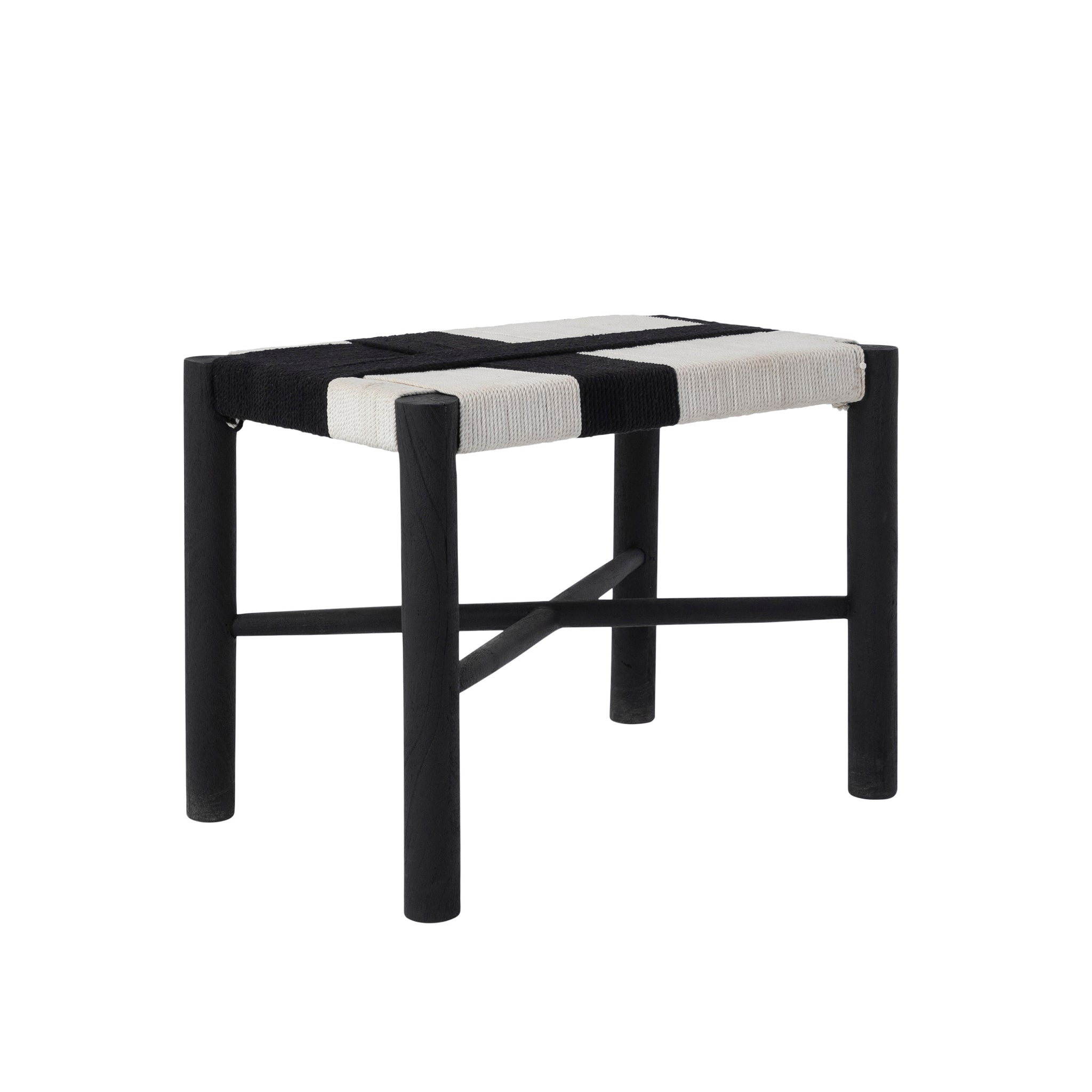 Plex stool by Renwil featuring a black and white woven seat with a black wooden frame.