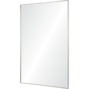 Carmelle Wall Mirror featuring a modern silver border, angled view showcasing its reflective surface.