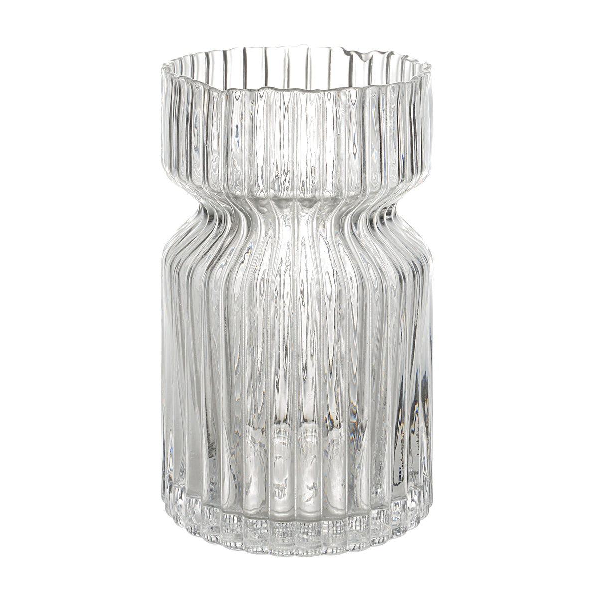 Gladys Glass Vase by Renwil, clear glass with ribbed texture, flared top, elegant design.
