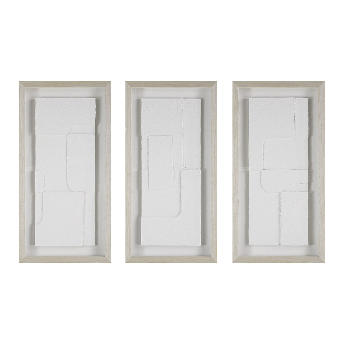 Arches wall art featuring three white textured panels in light wood frames