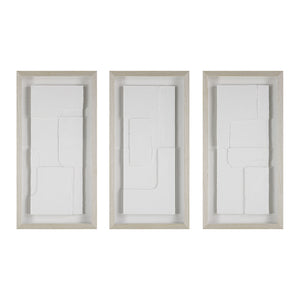 Arches wall art featuring three white textured panels in light wood frames