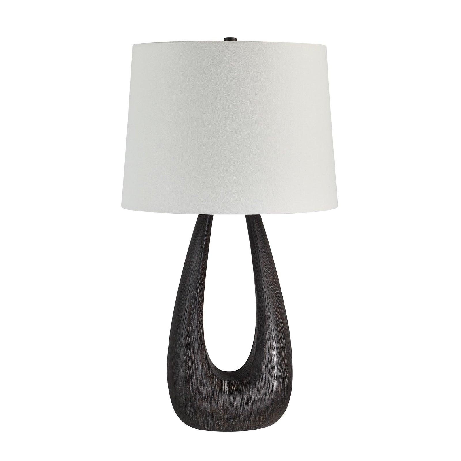 Beckham Table Lamp with a white drum shade and dark wood base in a modern design