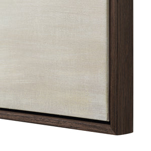 Close-up of Lux canvas art edge showing textured beige fabric and dark wood frame.