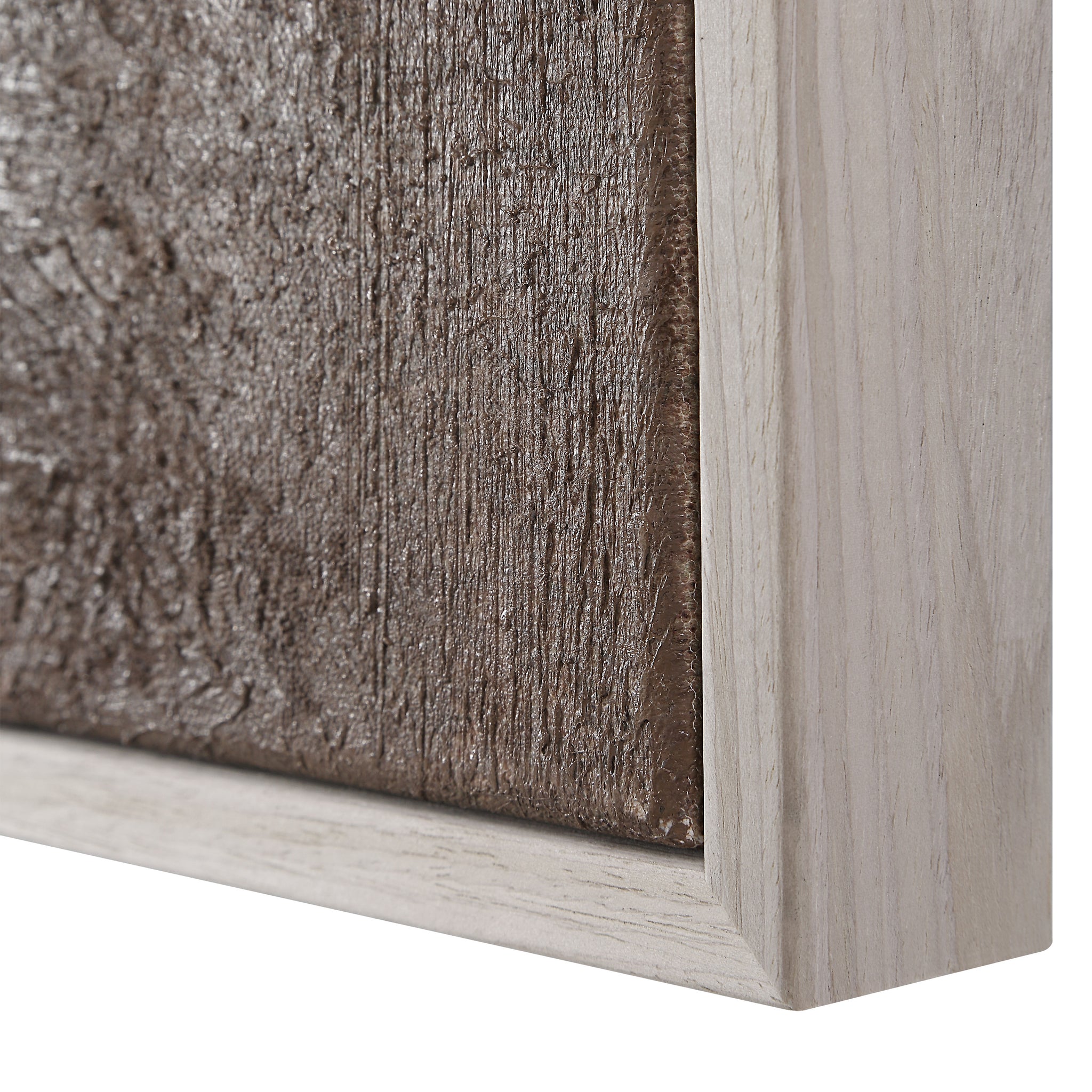 Close-up of Alcea Canvas Art frame, showcasing textured brown surface and light wood border.