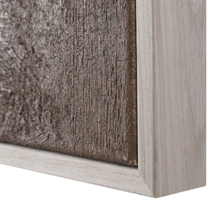 Close-up of Alcea Canvas Art frame, showcasing textured brown surface and light wood border.