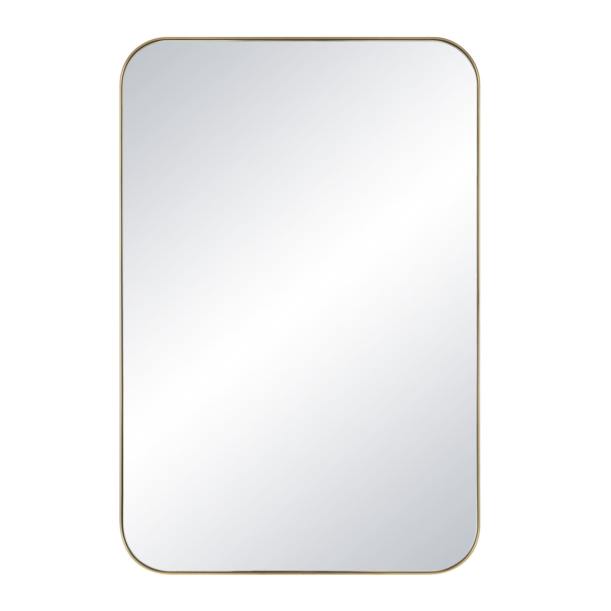 Vesey Wall Mirror with rounded corners and a gold frame, reflecting light.