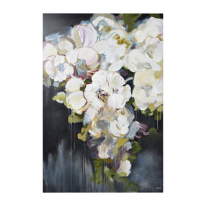Gables canvas art featuring large white flowers on a dark background with paint drips.