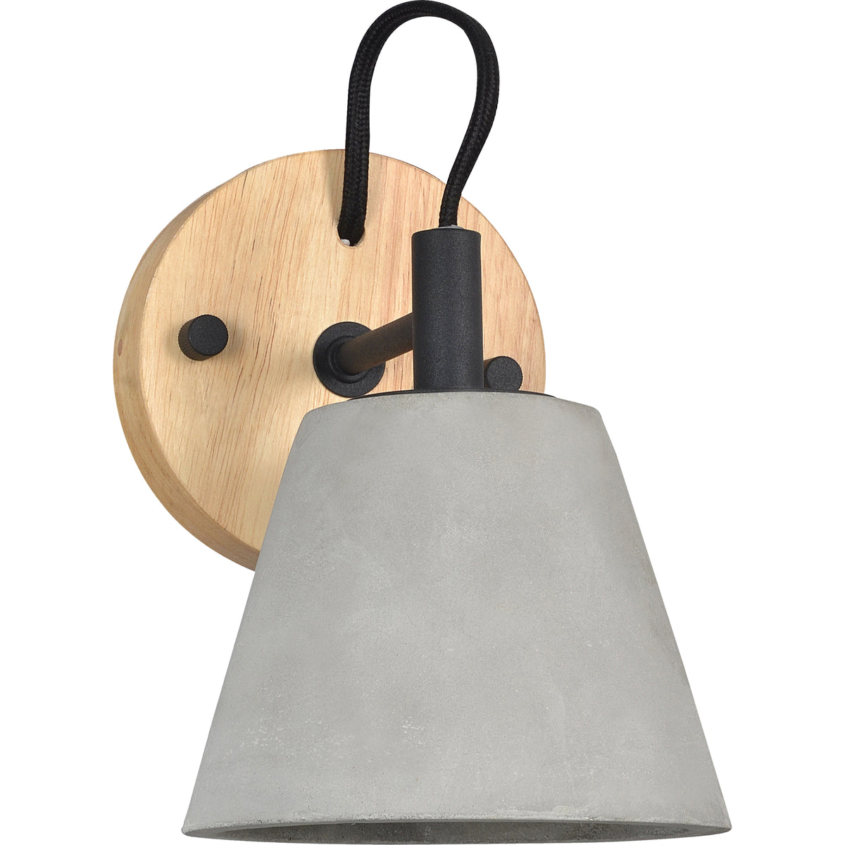 Turtle Bay Wall Sconce with gray concrete shade and wood backplate, featuring a black arm and cord.