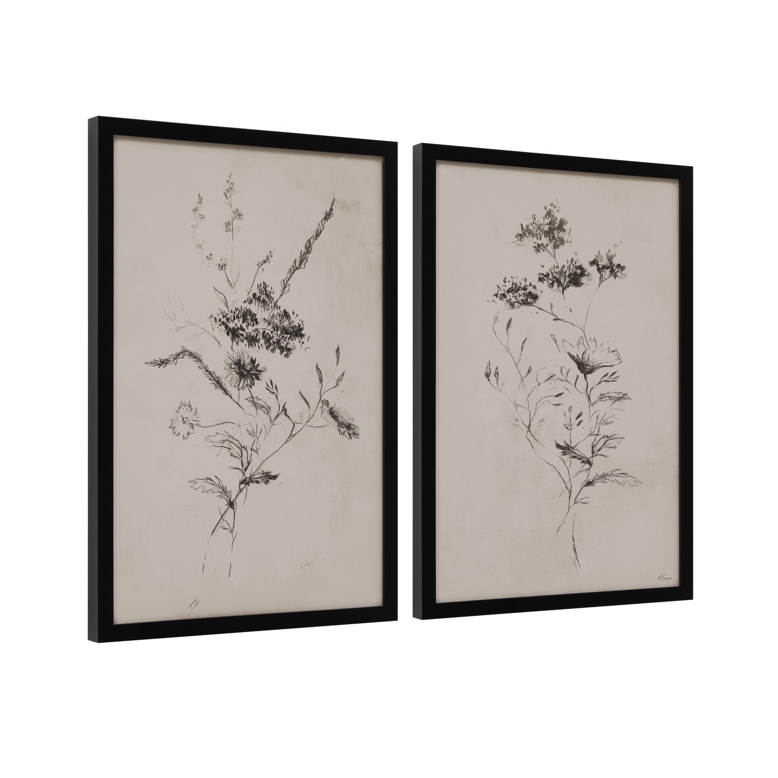 Adeline artwork featuring two floral sketches in black on a beige background, framed in black.
