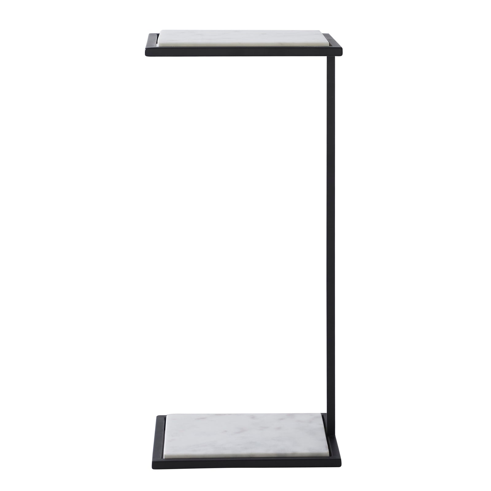 Danica Table by Renwil with white marble top and black metal base, side view.