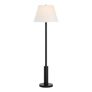 Pantera Floor Lamp by Renwil featuring a white shade and black pole, illuminated.