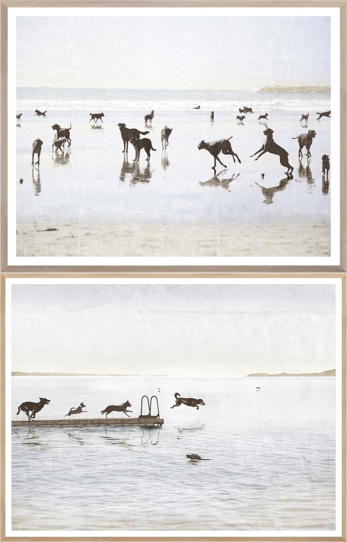 Dogs Day Beach & Cottage Art Bundle featuring dogs playing on the beach, soft colors and serene atmosphere.