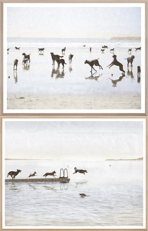 Dogs Day Beach & Cottage Art Bundle featuring dogs playing on the beach, soft colors and serene atmosphere.