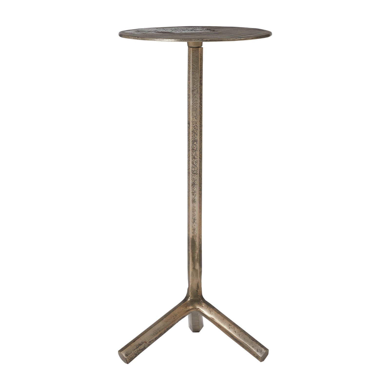 Zahra side table with a round top and three-legged base in a metallic finish
