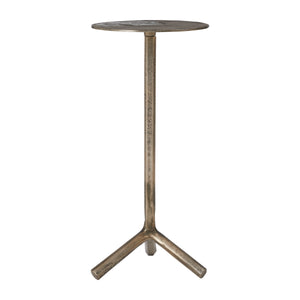 Zahra side table featuring a circular top and a sleek metallic three-legged design