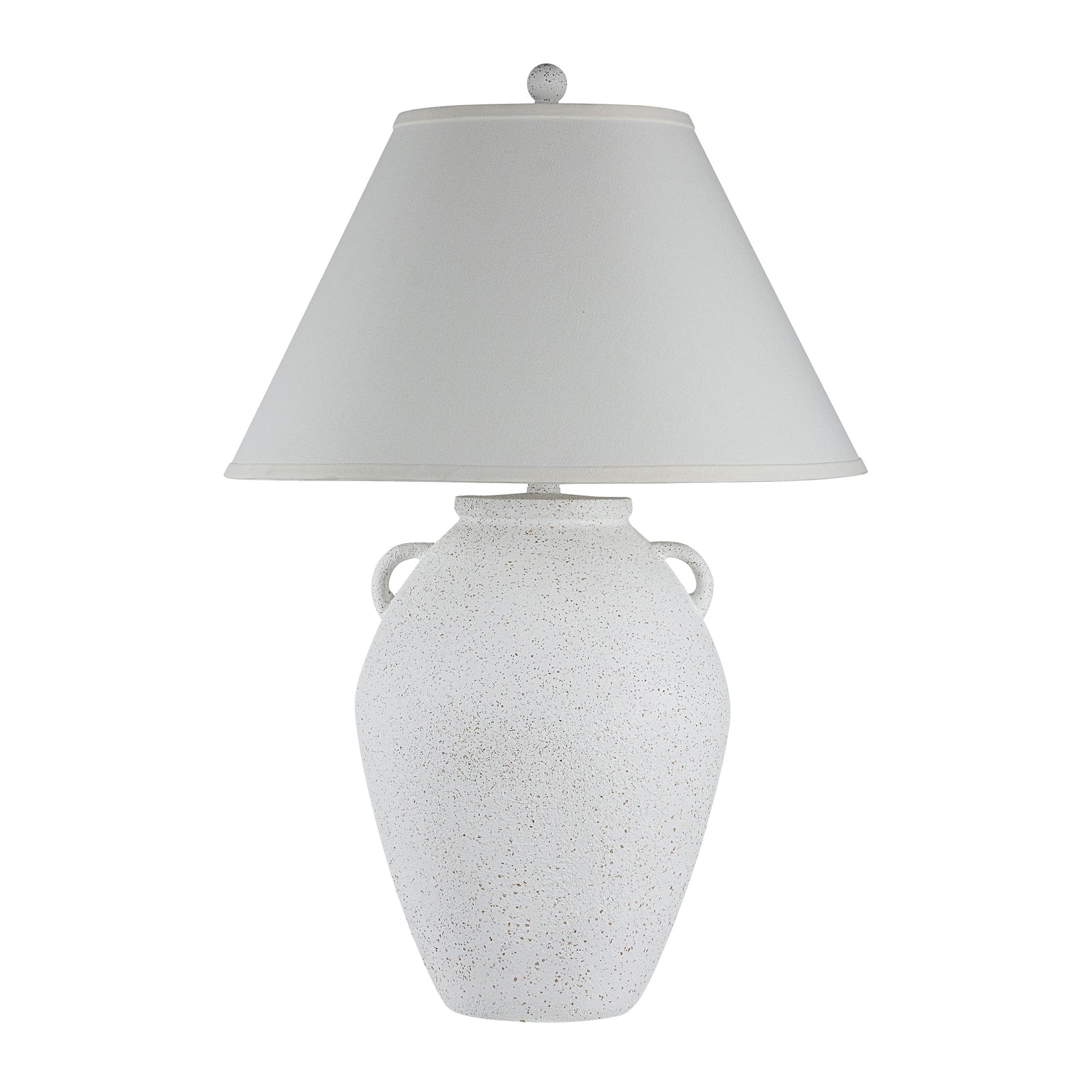 Aloria table lamp with a speckled white ceramic base and a gray fabric shade