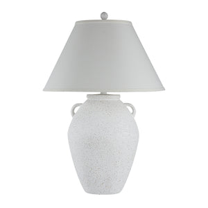 Aloria table lamp with a speckled white ceramic base and a gray fabric shade