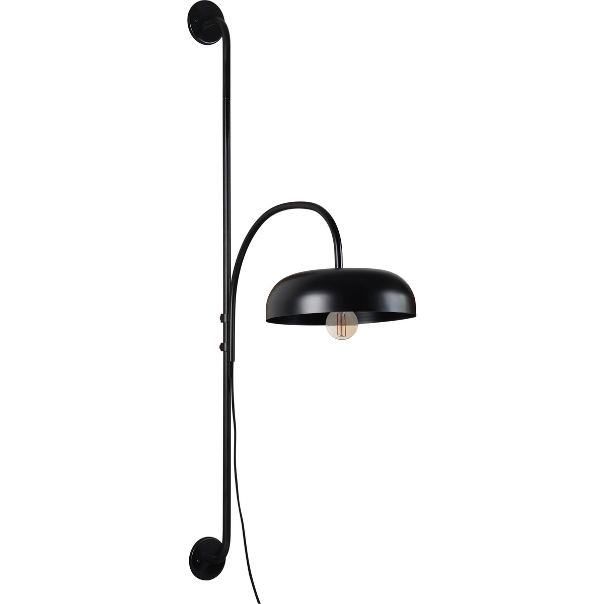 Draco Wall Sconce in black with a curved arm and dome shade, showcasing a vintage bulb.