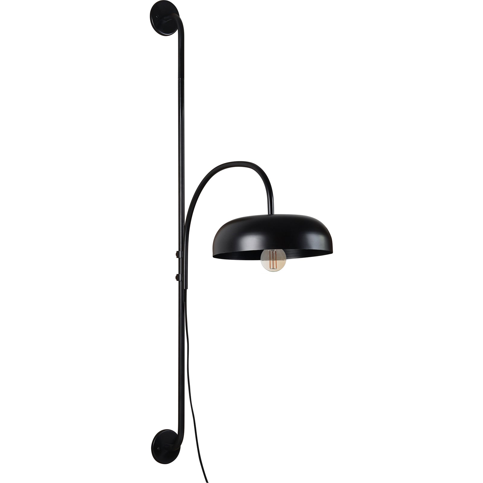 Draco Wall Sconce in black with a curved arm and dome shade, showcasing a vintage bulb.
