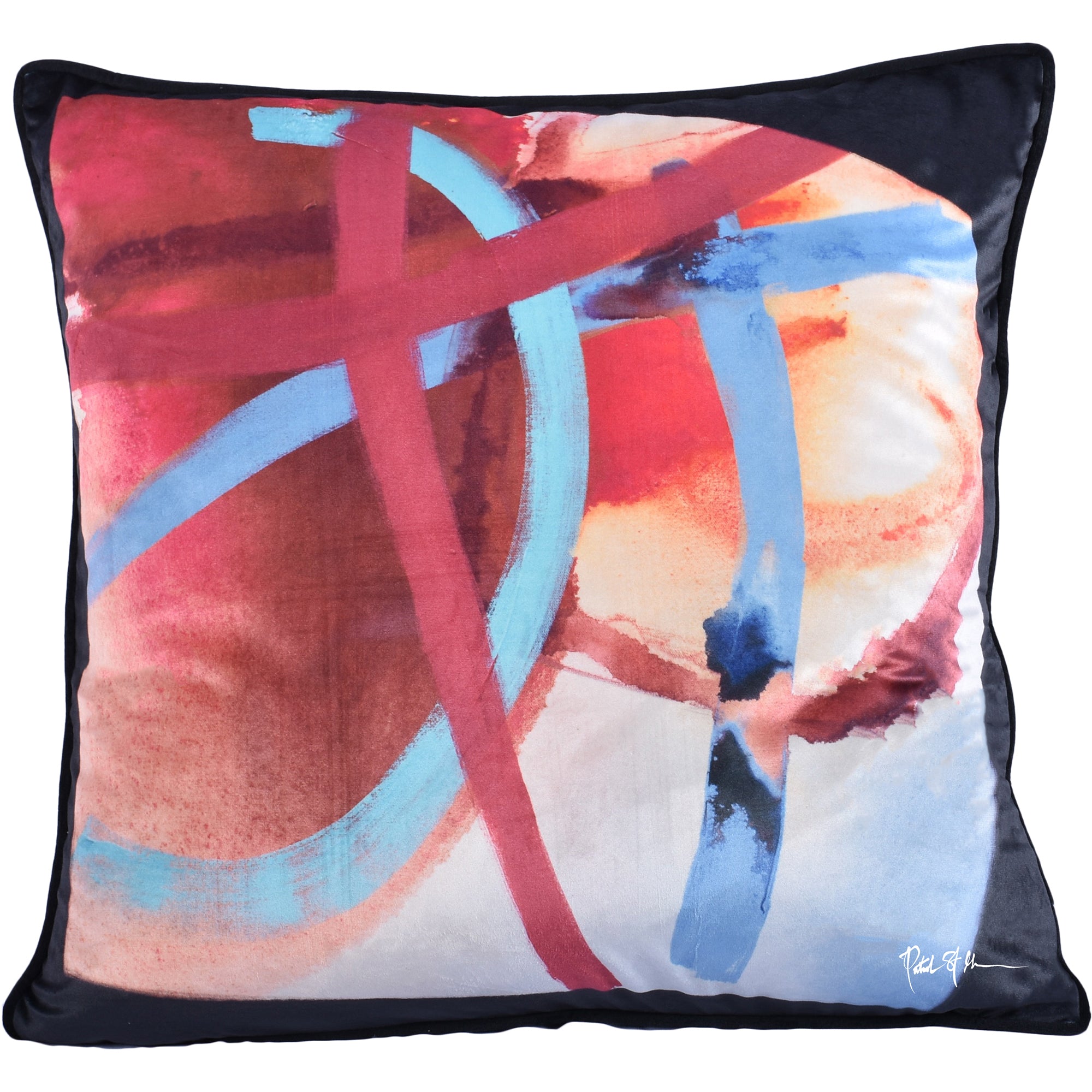 Duana indoor pillow featuring an abstract design with red, blue, and orange watercolor patterns on a soft fabric.