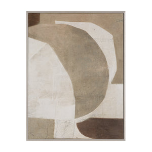 Alcea Canvas Art with abstract design in earthy colors, framed in light wood.