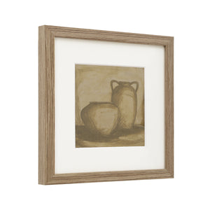 Vetro Canvas Art with two vases, angled view in a brown frame, highlighting warm colors.