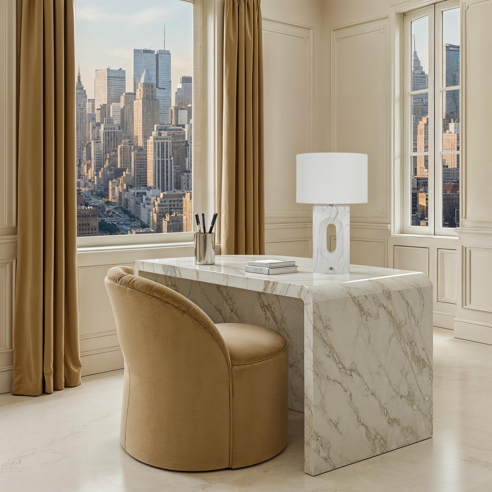 Scriba table lamp on a marble desk in a modern office with city skyline view.