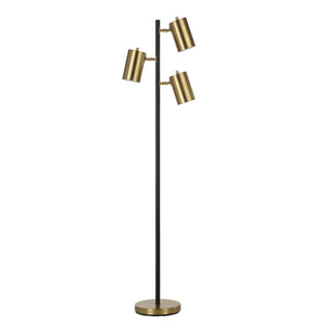 Mosaic floor lamp with three gold metal shades on a black pole and round base.