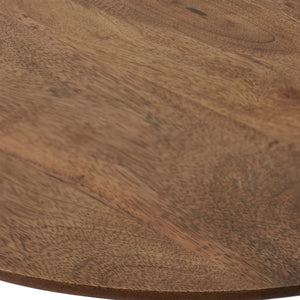 Close-up of the round wooden top of the Sparta Accent Table, showcasing its natural wood grain.