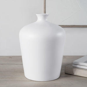 Alfano Vase by Renwil, white ceramic vase displayed on a wooden surface with decor