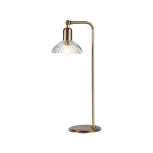 Samos table lamp with a brass finish and clear ribbed glass shade, featuring a modern design and sleek silhouette.