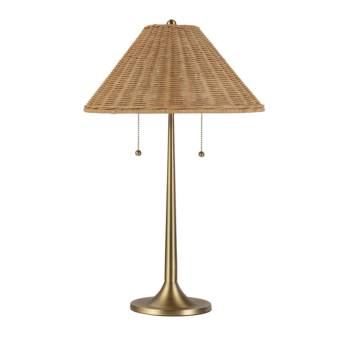 Viana Table Lamp with a woven beige shade and a sleek gold base, featuring pull chains.