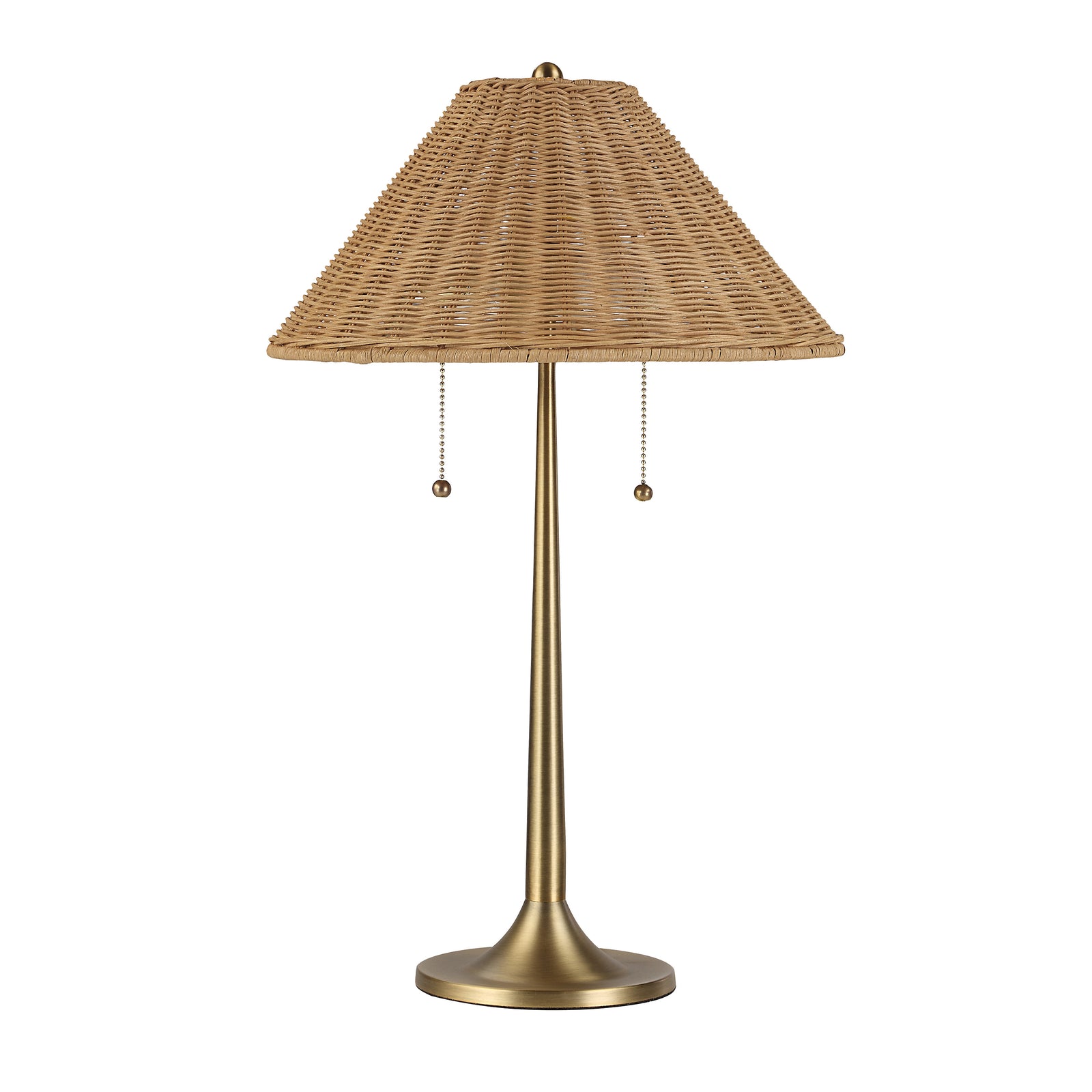 Viana Table Lamp with a woven beige shade and a sleek gold base, featuring pull chains.