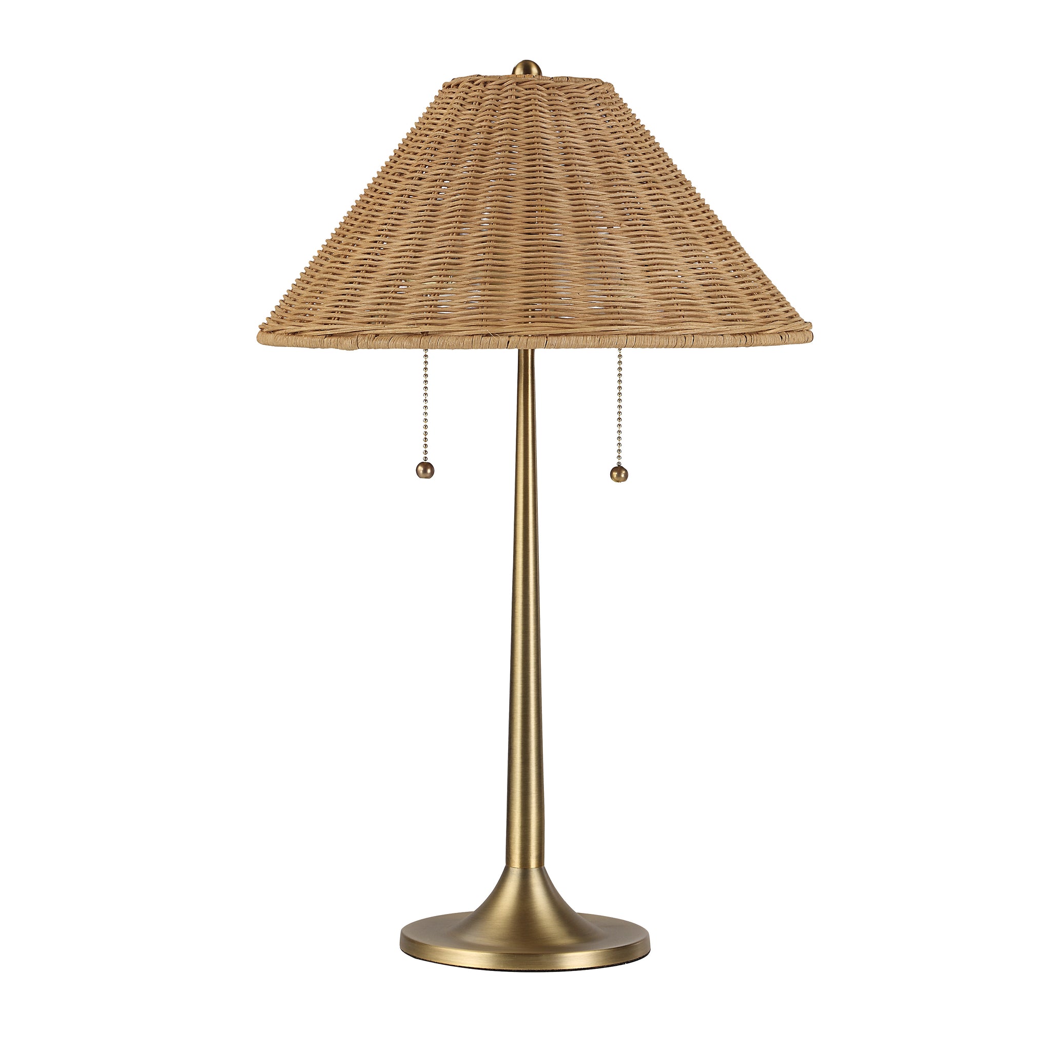Viana Table Lamp with a woven beige shade and a sleek gold base, featuring pull chains.