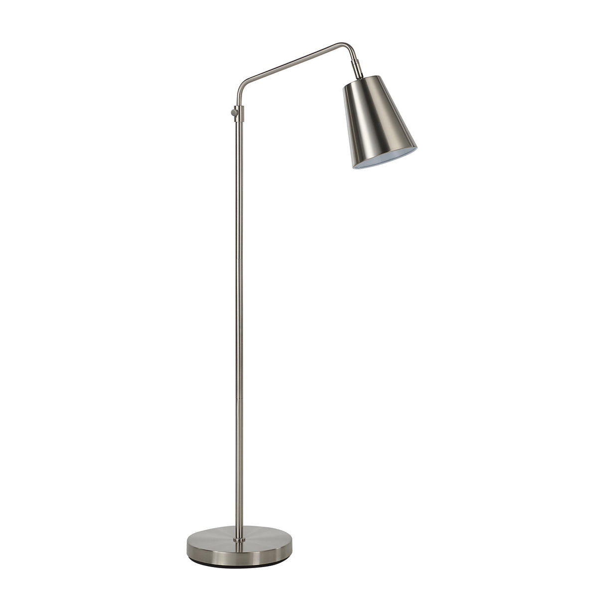 Norwich floor lamp in brushed nickel with a conical shade and round base.