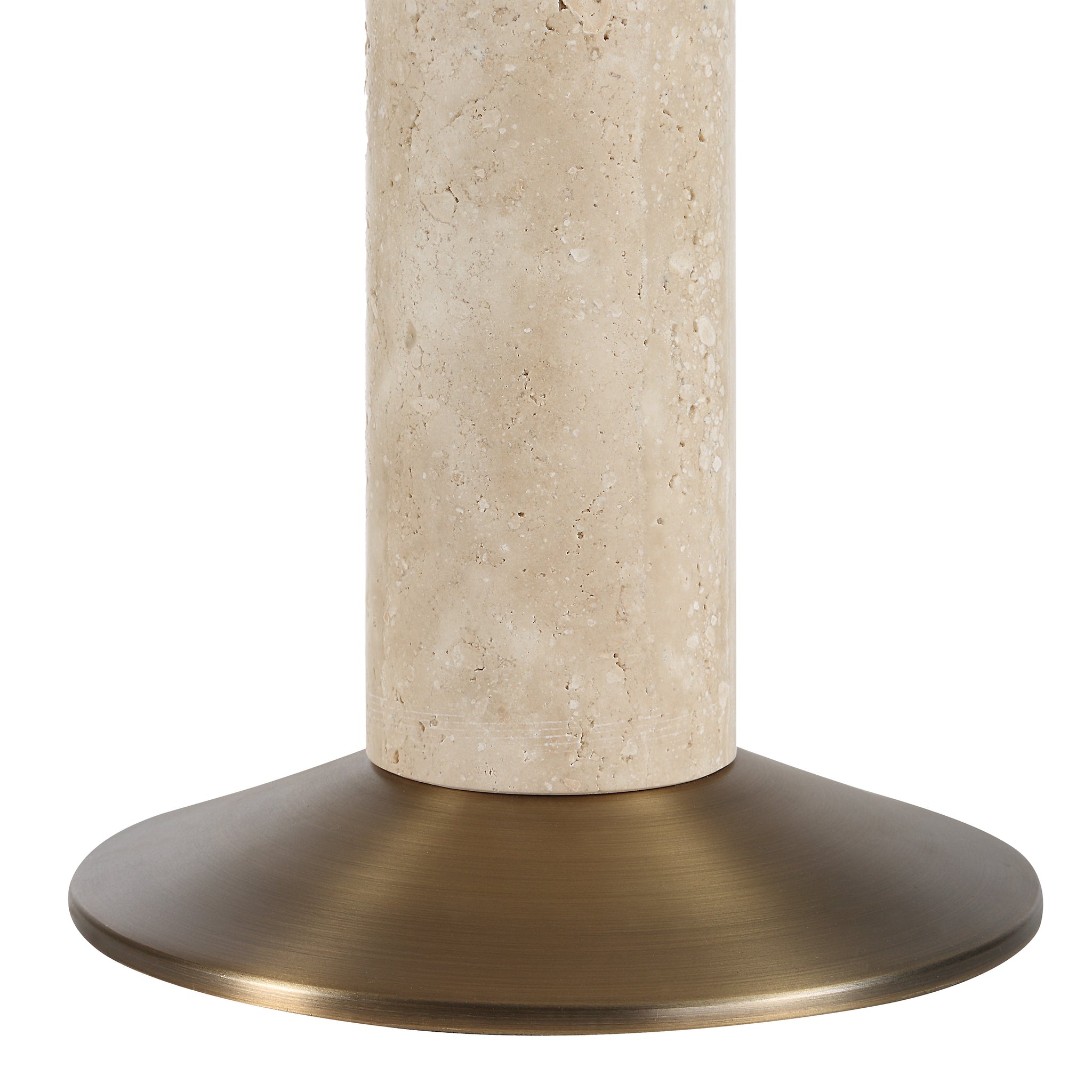 Close-up of Tamara table lamp's beige stone base and bronze metal bottom.