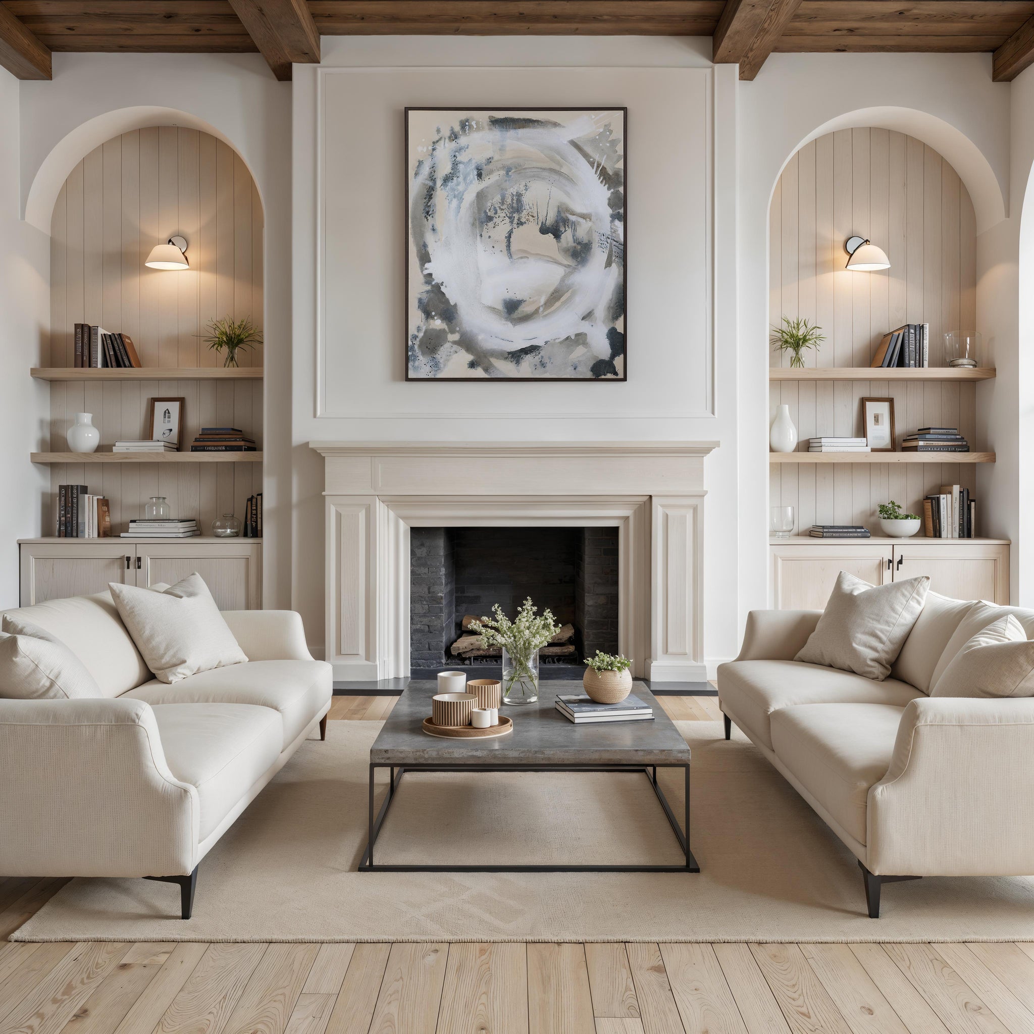 Ceiba canvas art featuring abstract design in muted colors, framed, displayed above a modern living room fireplace.