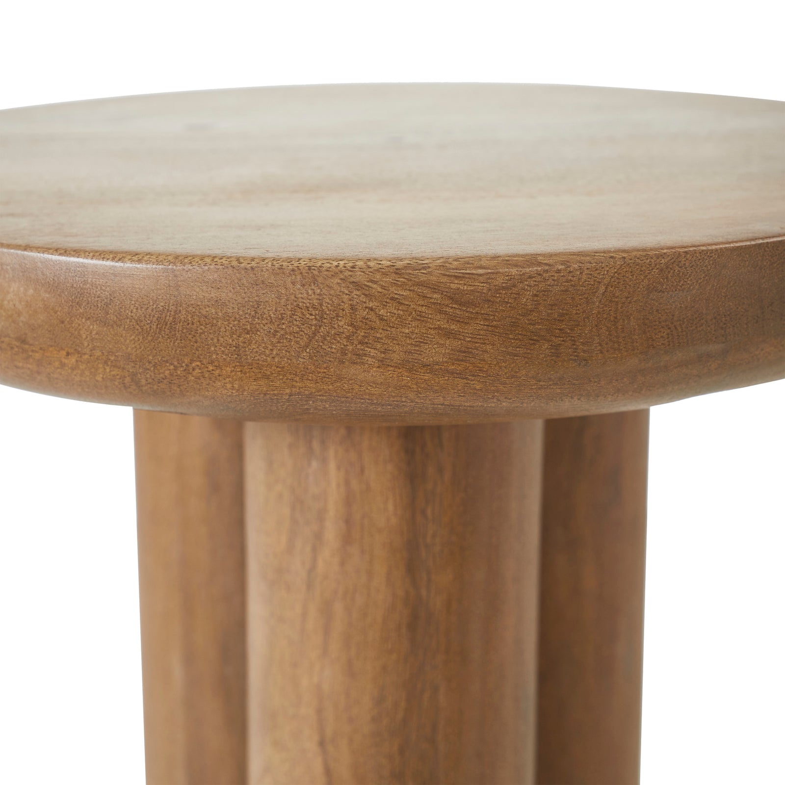 Honey Side Table with round top and three cylindrical legs in natural wood finish