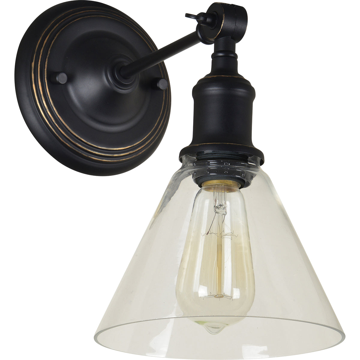 Renta Wall Sconce featuring a black metal base and clear glass cone shade, showcasing a vintage bulb.