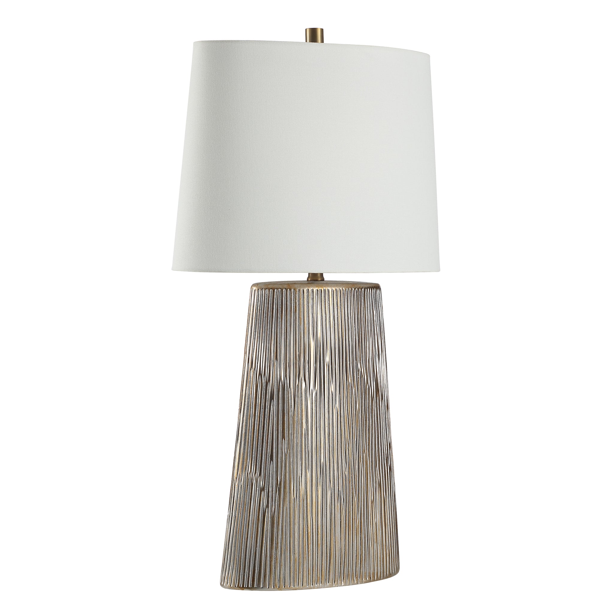 Calma Table Lamp featuring a silver textured base and white shade from a different angle