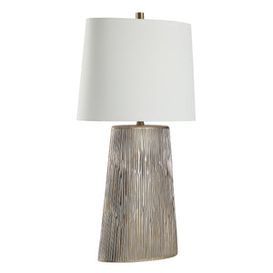 Calma Table Lamp featuring a silver textured base and white shade from a different angle