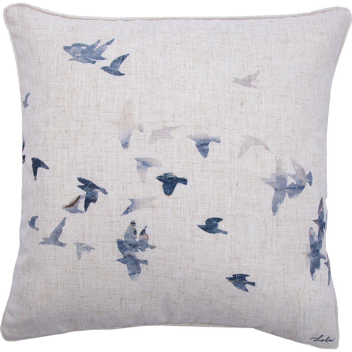 Flight indoor pillow featuring a bird pattern on a beige linen fabric.