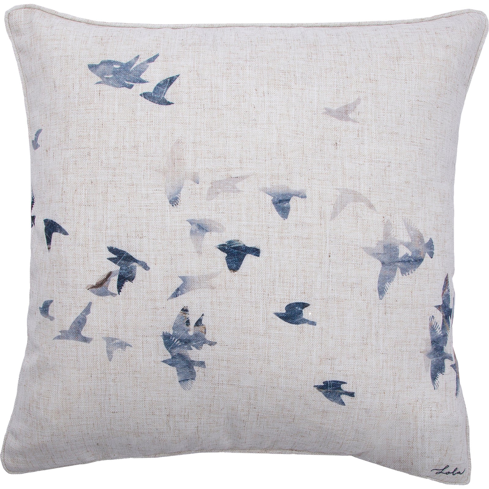 Flight indoor pillow featuring a bird pattern on a beige linen fabric.