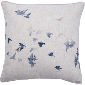 Flight indoor pillow featuring a bird pattern on a beige linen fabric.