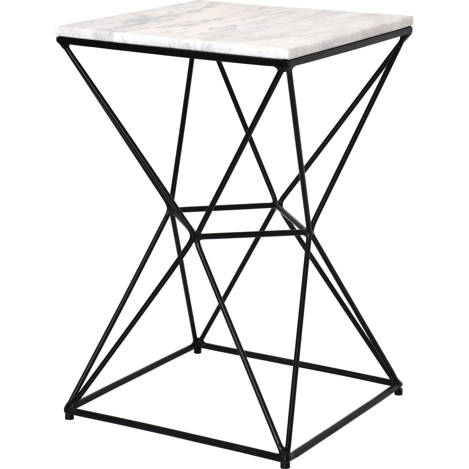SYMMETRY table with a white marble top and black metal geometric base