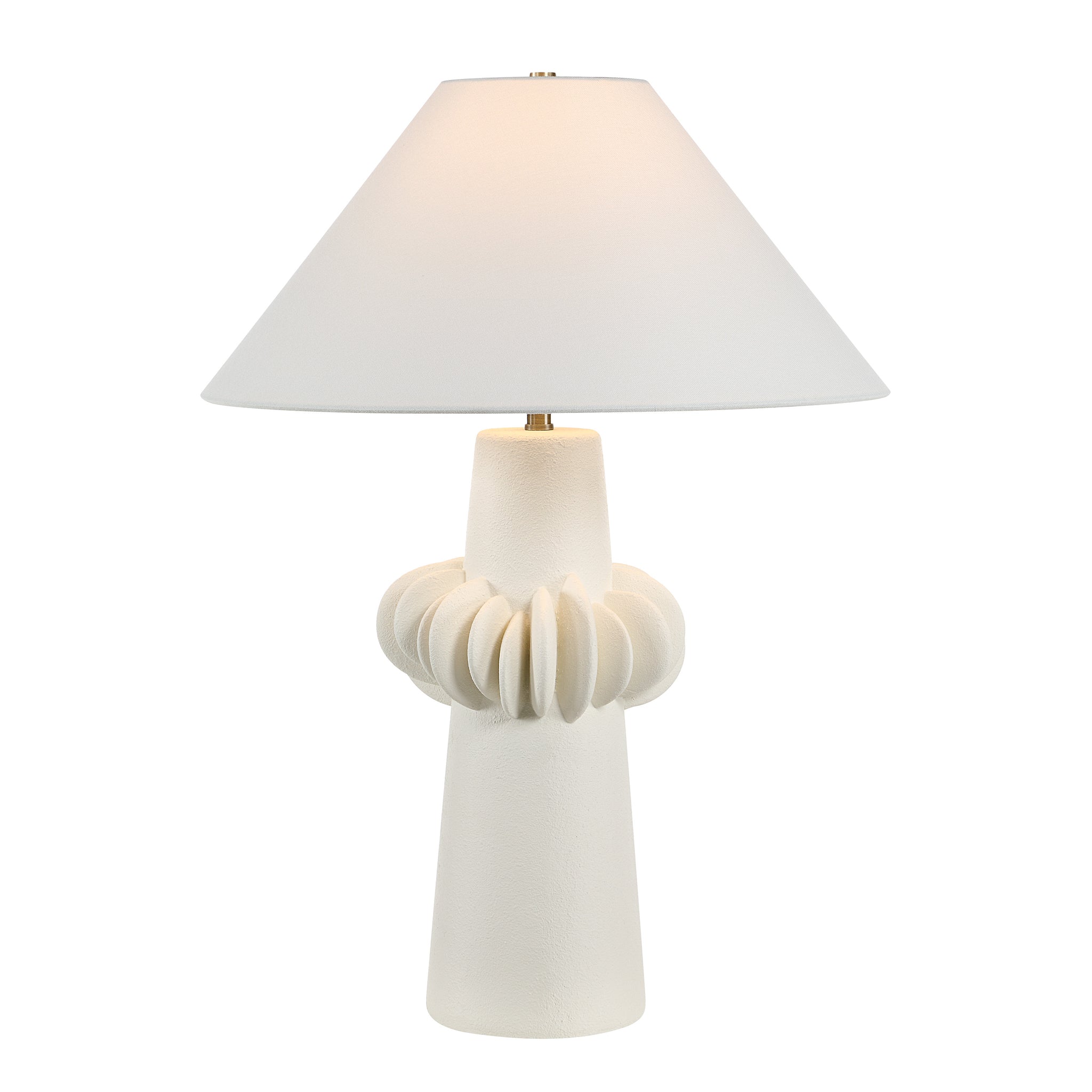 Disla Table Lamp illuminated, featuring a white base and conical shade