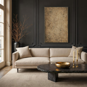 Acacia canvas art in a stylish living room setting with beige sofa and dark walls.