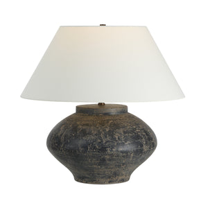 Patina table lamp featuring a dark round base and a white conical shade